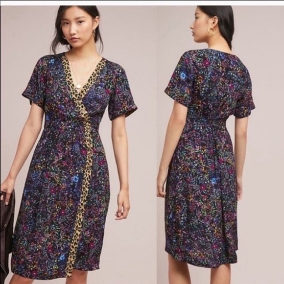 Maeve Dresses & Skirts - Anthropologie Maeve Morgan Wrap Derby Dress Womens Midi Floral Leopard Sz 0 XS